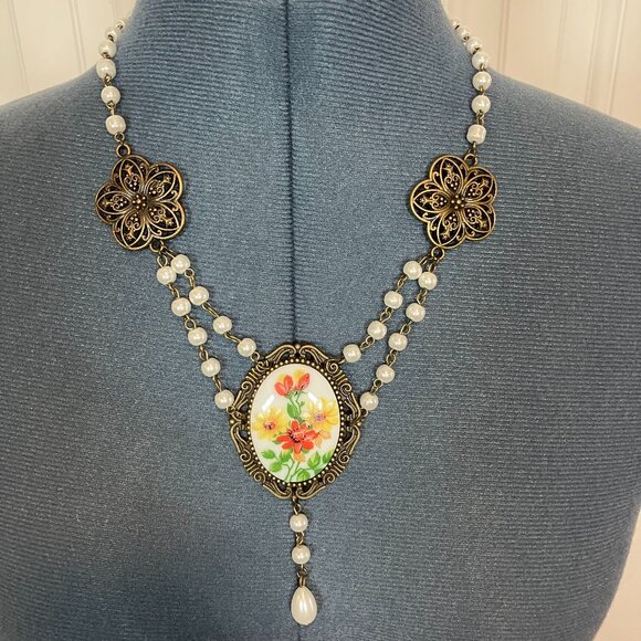 art plus utility Jewelry - Handcrafted Vintage Floral Glass Cabochon Necklace -19" Long (Upper Necklace)